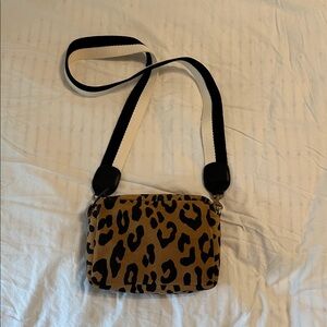 CLARE V. Midi Sac Animal Leopard Print Leather Shoulder Bag Cat Suede
